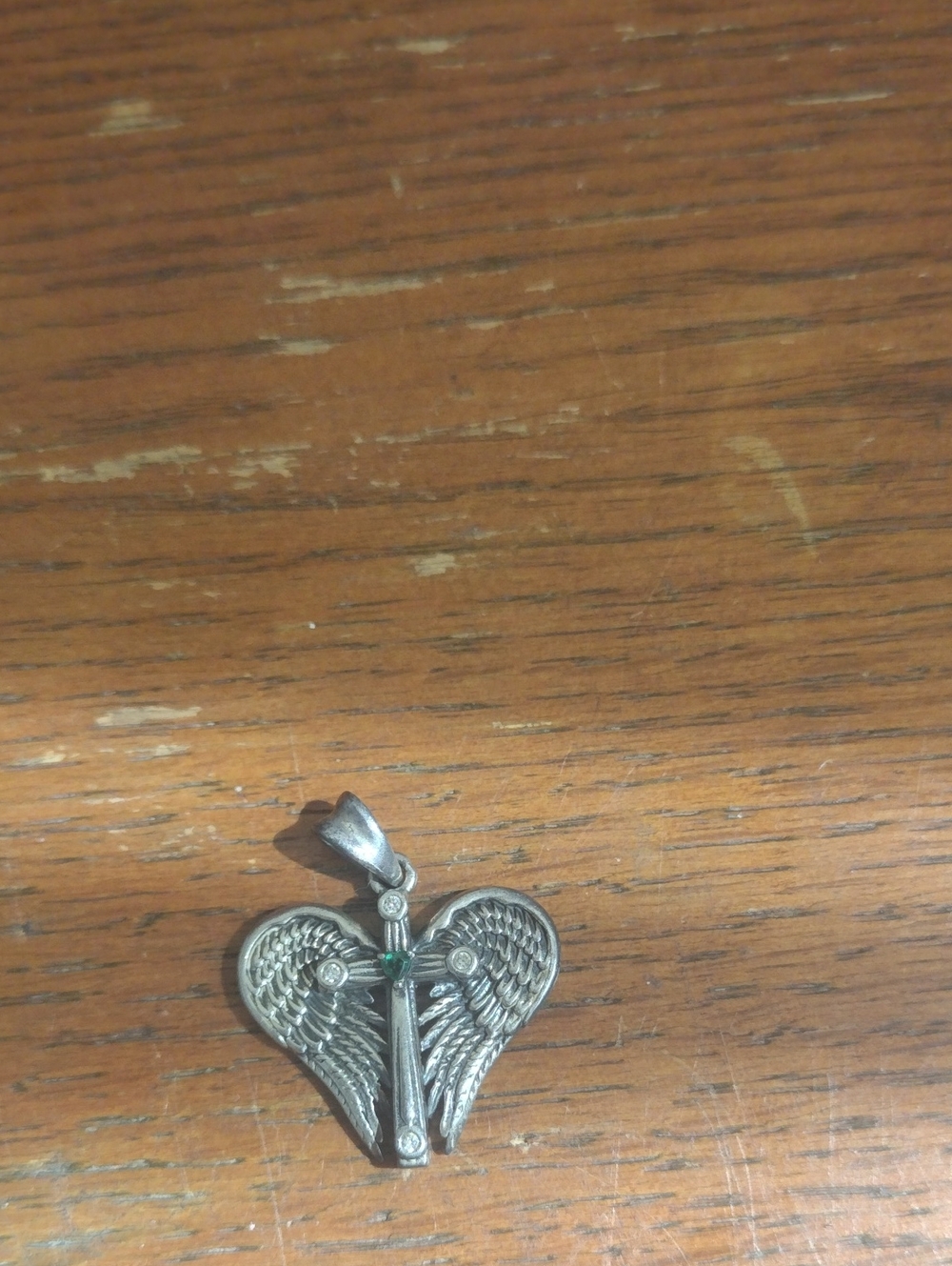 Silver Angel Wings Cross Pendant with Green Accent